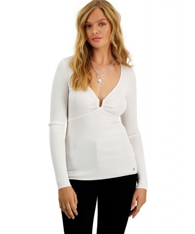 Women's Nicole Plunge-Neck Ribbed Sweater Cream White $28.53 Sweaters