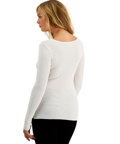 Women's Nicole Plunge-Neck Ribbed Sweater Cream White $28.53 Sweaters