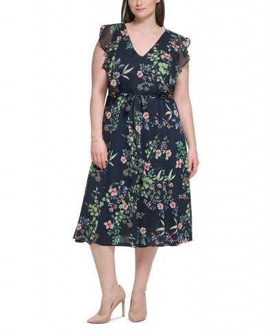 Plus Size Printed Tie-Waist Ruffled Dress Sky Captain Multi $41.16 Dresses