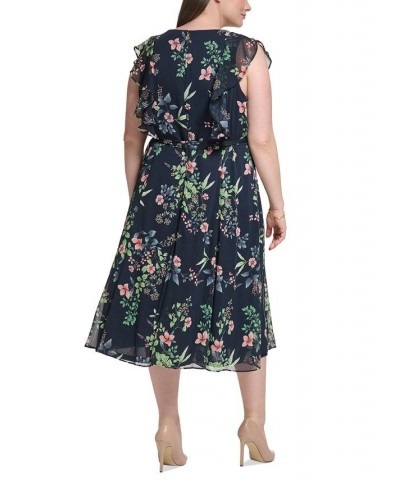 Plus Size Printed Tie-Waist Ruffled Dress Sky Captain Multi $41.16 Dresses