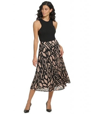 Women's Printed Pleated Knit Midi Skirt Black/cafe Au Lait Multi $25.96 Skirts