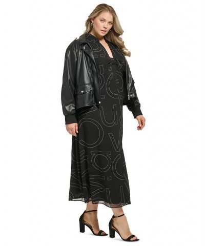 Plus Size Button-Down Logo Dress and Faux-Leather Cropped Jacket Black/White $41.87 Jackets