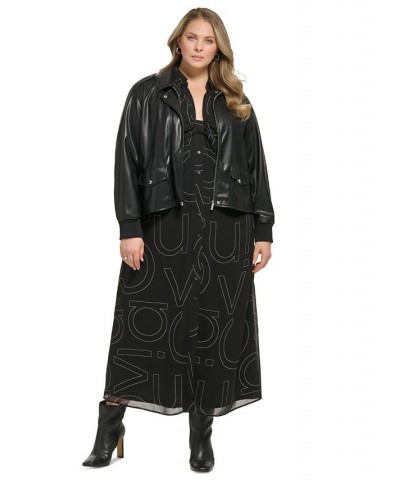 Plus Size Button-Down Logo Dress and Faux-Leather Cropped Jacket Black/White $41.87 Jackets