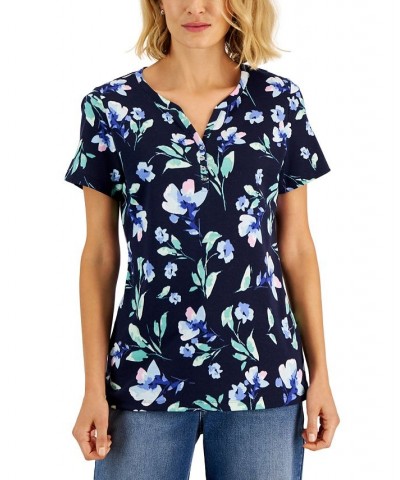 Women's Floral-Print Relaxed Henley Top Blue $10.00 Tops