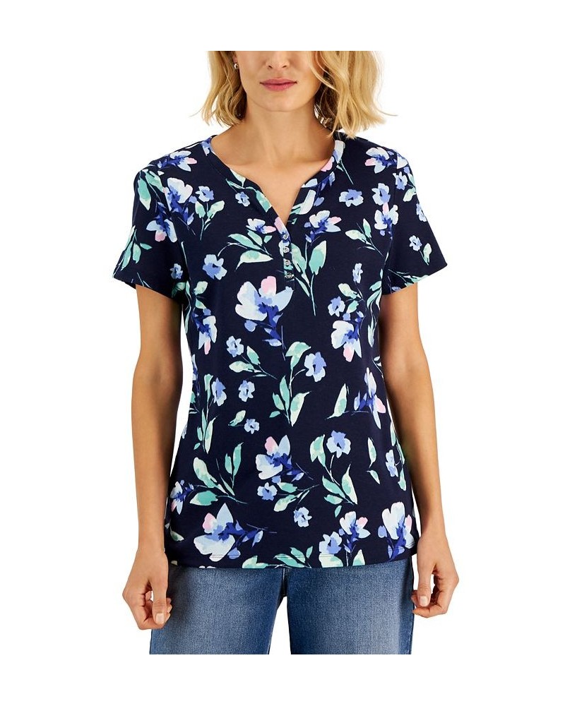 Women's Floral-Print Relaxed Henley Top Blue $10.00 Tops