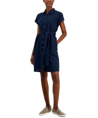 Women's Cotton Crinkle Gauze Shirtdress Blue $20.13 Dresses
