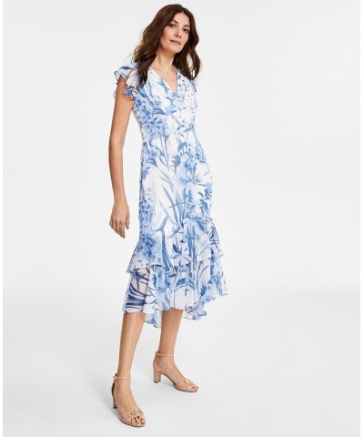Women's Floral Chiffon High-Low Midi Dress Harbor Blue Multi $32.56 Dresses