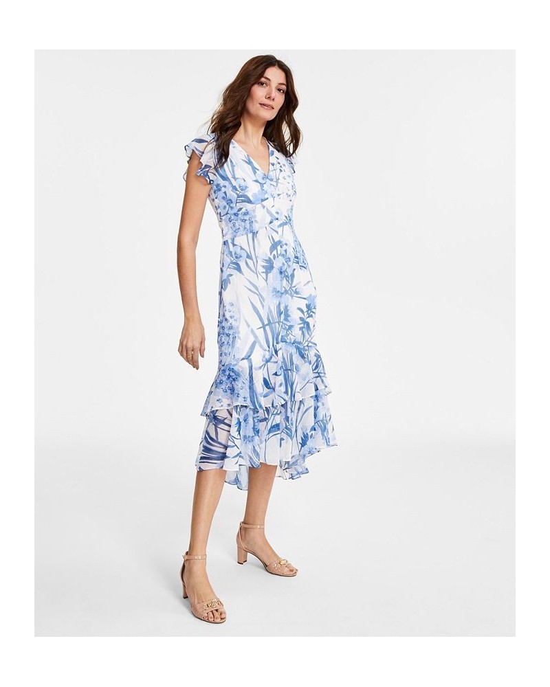 Women's Floral Chiffon High-Low Midi Dress Harbor Blue Multi $32.56 Dresses