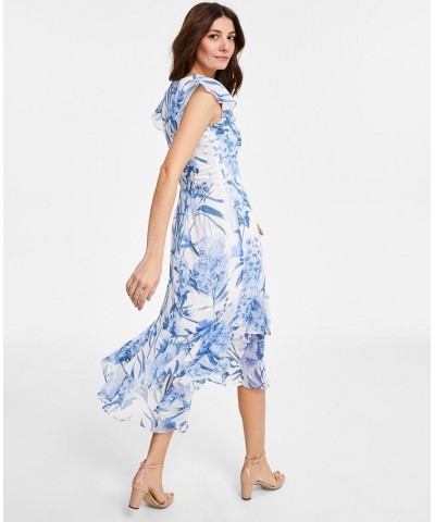 Women's Floral Chiffon High-Low Midi Dress Harbor Blue Multi $32.56 Dresses