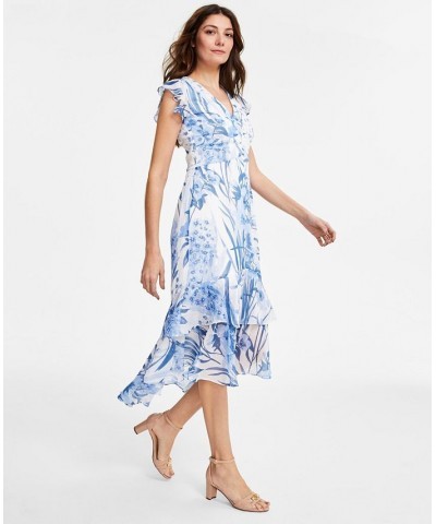 Women's Floral Chiffon High-Low Midi Dress Harbor Blue Multi $32.56 Dresses