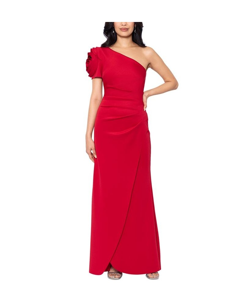 Women's Floral-Sleeve One-Shoulder Gown Red $115.60 Dresses