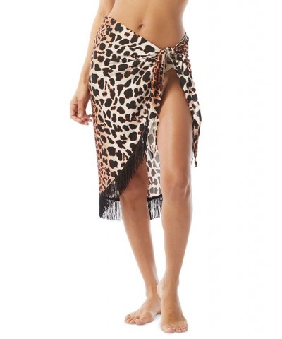 Women's Animal-Print Fringe-Trim Pareo Cover-Up Wrap Black $43.40 Swimsuits