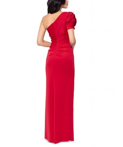 Women's Floral-Sleeve One-Shoulder Gown Red $115.60 Dresses