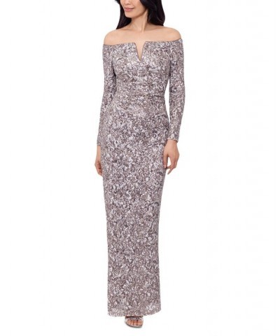 Women's Sequined Off-The-Shoulder Gown Taupe $74.36 Dresses