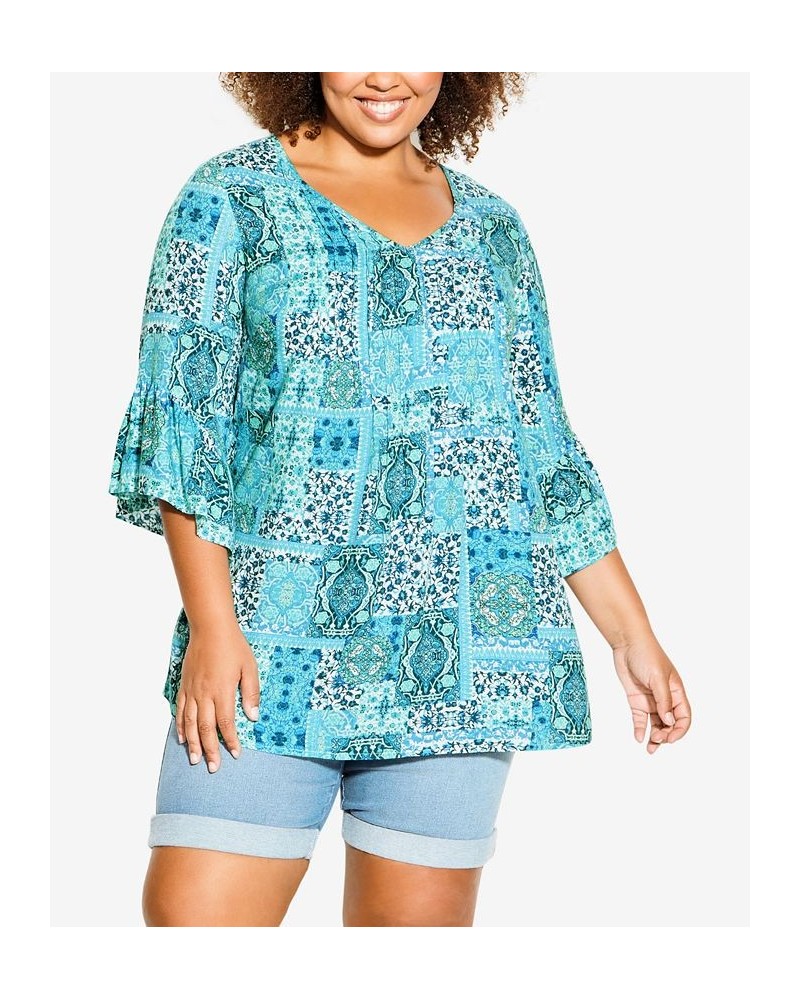 Plus Size Joanna Pintuck Tunic Top Aqua Medallion $32.39 Tops