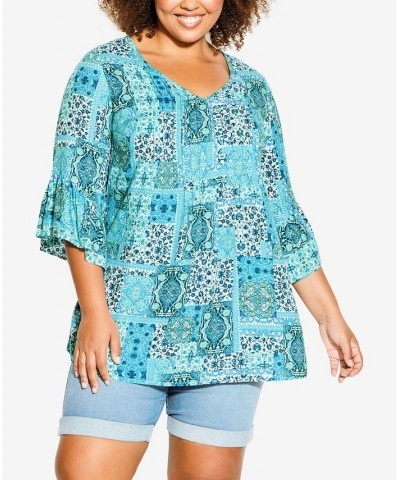 Plus Size Joanna Pintuck Tunic Top Aqua Medallion $32.39 Tops