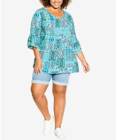 Plus Size Joanna Pintuck Tunic Top Aqua Medallion $32.39 Tops