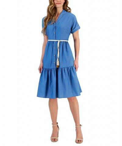 Women's Rope-Belt Short-Sleeve Shirtdress Medium Denim $68.37 Dresses