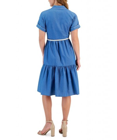 Women's Rope-Belt Short-Sleeve Shirtdress Medium Denim $68.37 Dresses