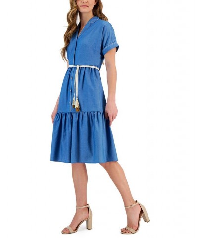 Women's Rope-Belt Short-Sleeve Shirtdress Medium Denim $68.37 Dresses