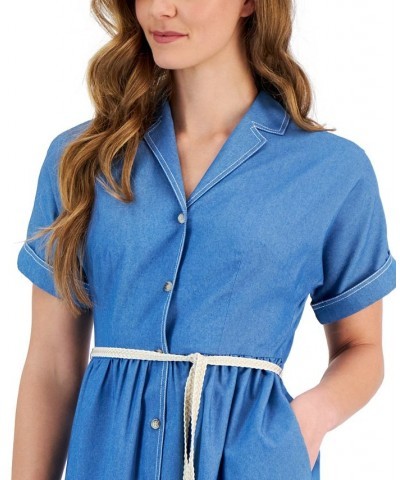 Women's Rope-Belt Short-Sleeve Shirtdress Medium Denim $68.37 Dresses