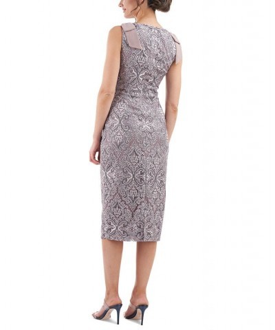Women's Bow-Shoulder Embroidered Mesh Sheath Dress Smoke $101.68 Dresses