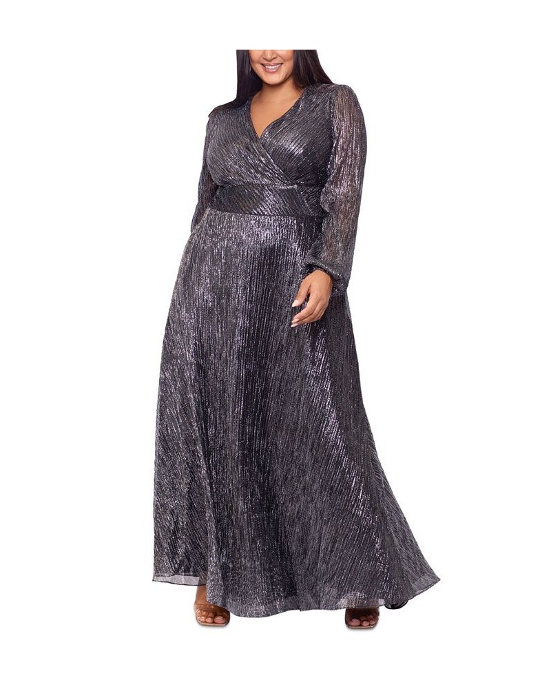 Plus Size Metallic Long-Sleeve Wrap Gown Black Silver $133.98 Dresses