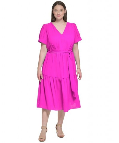 Plus Size Tie-Front V-Neck Tiered Midi Dress Cosmic Pink $73.01 Dresses