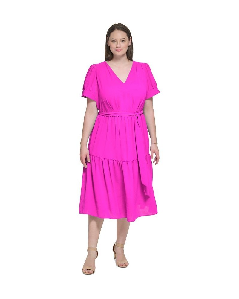 Plus Size Tie-Front V-Neck Tiered Midi Dress Cosmic Pink $73.01 Dresses