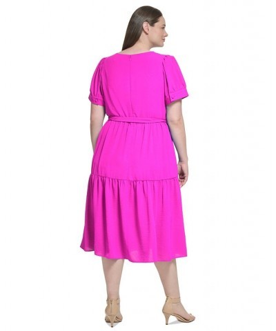 Plus Size Tie-Front V-Neck Tiered Midi Dress Cosmic Pink $73.01 Dresses