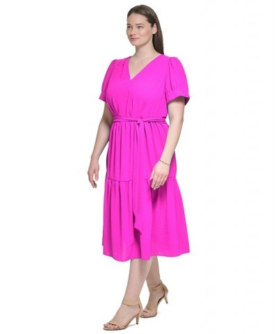 Plus Size Tie-Front V-Neck Tiered Midi Dress Cosmic Pink $73.01 Dresses