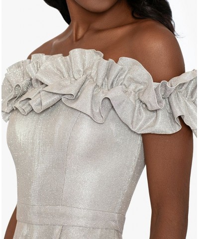 Women's RuffleD Off-The-Shoulder Metallic Gown Taupe Silver $101.70 Dresses