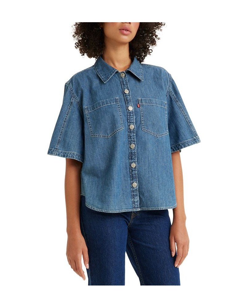 Women's Caden Denim Short-Sleeve Shirt Mid Marble $31.79 Tops