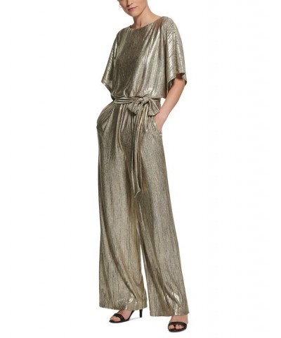 Women's Foil-Print Tie-Waist Jumpsuit Gold $63.94 Pants