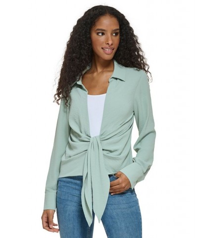 Women's Long Sleeve Tie Front Collared Shirt Green $54.73 Tops
