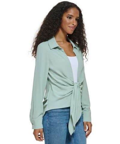 Women's Long Sleeve Tie Front Collared Shirt Green $54.73 Tops