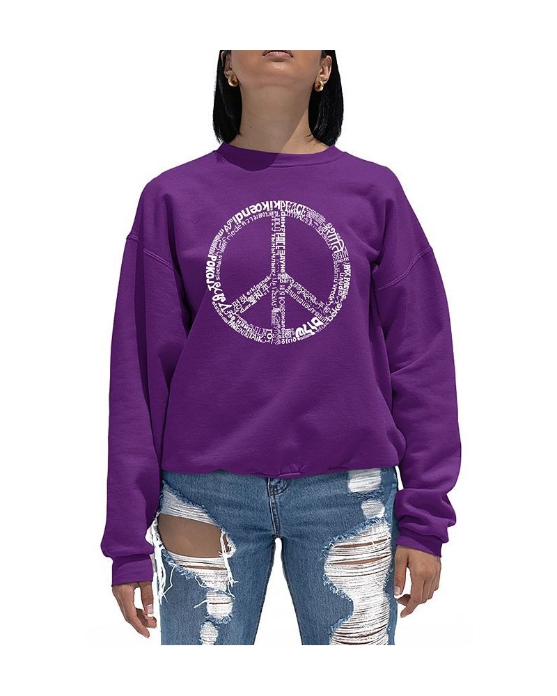 Women's Word Art Crewneck The Word Peace In 77 Languages Sweatshirt Purple $26.49 Tops
