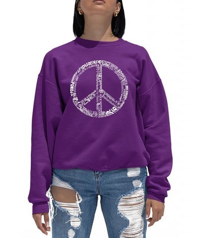 Women's Word Art Crewneck The Word Peace In 77 Languages Sweatshirt Purple $26.49 Tops