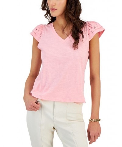 Women's Cotton Eyelet Cap-Sleeve Top Pink $17.03 Tops