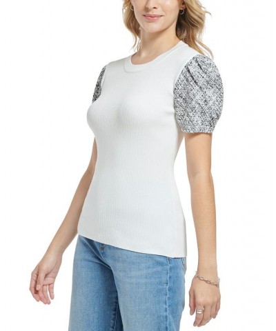 Women's Colorblocked Tweed-Sleeve Sweater Soft White $24.81 Sweaters