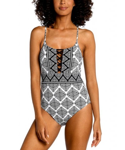 Women's Oasis Strappy One-Piece Swimsuit Black/White Medallion Print $63.00 Swimsuits
